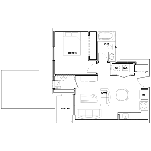 A floor plan of a house with a bedroom, bathroom, living room, and balcony.